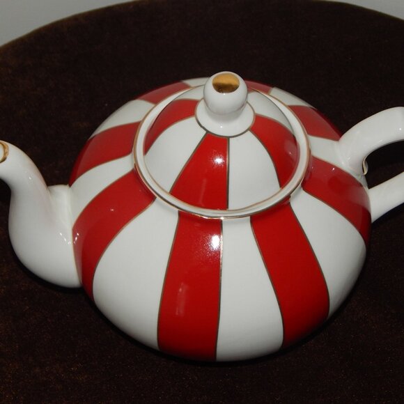 GRACE TEAWARE Fine Porcelain Teapot Holiday Carousel Red White Gold Stripes New - Picture 7 of 9